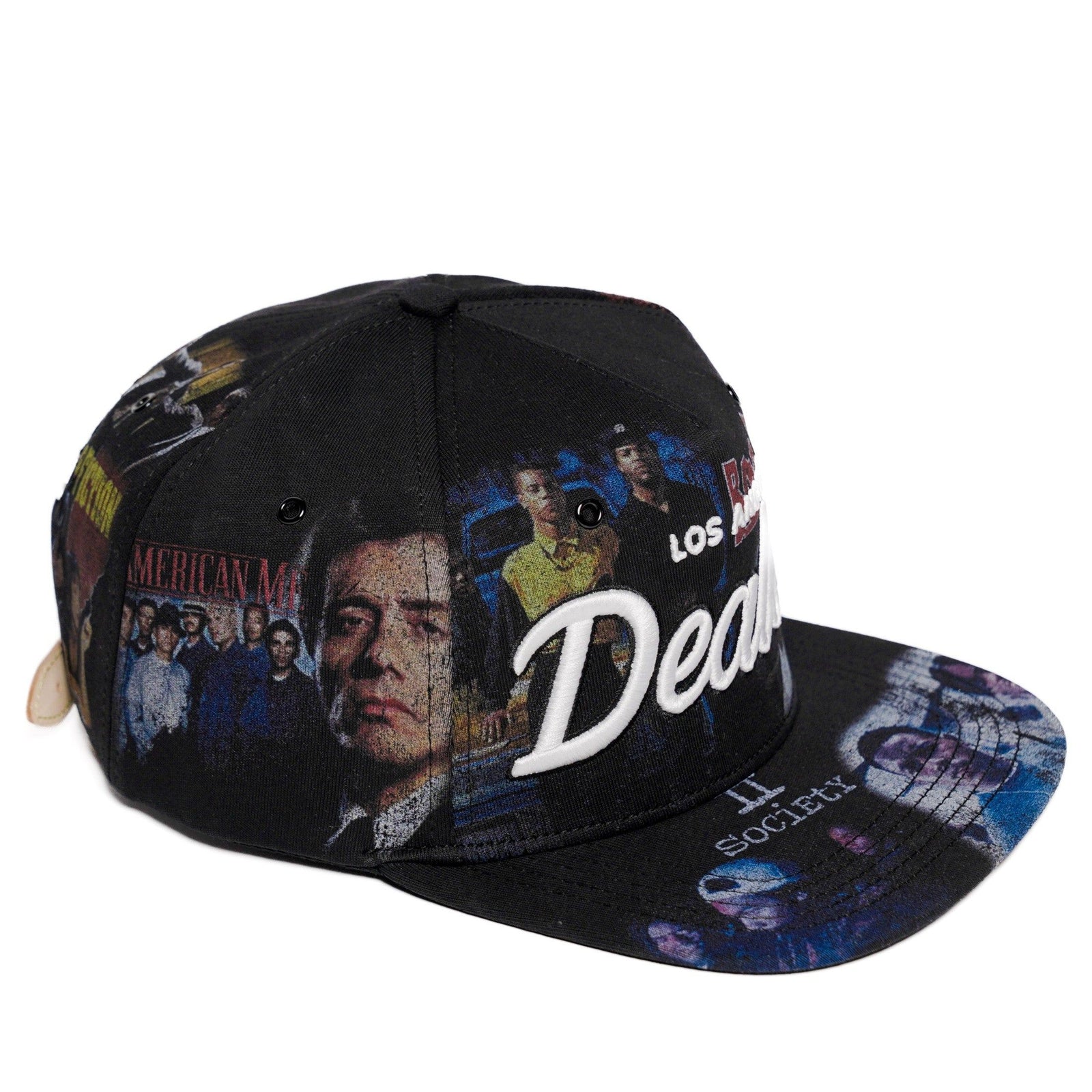 The Classics LA movie-collage snapback, flat brim — front angle with brim print
