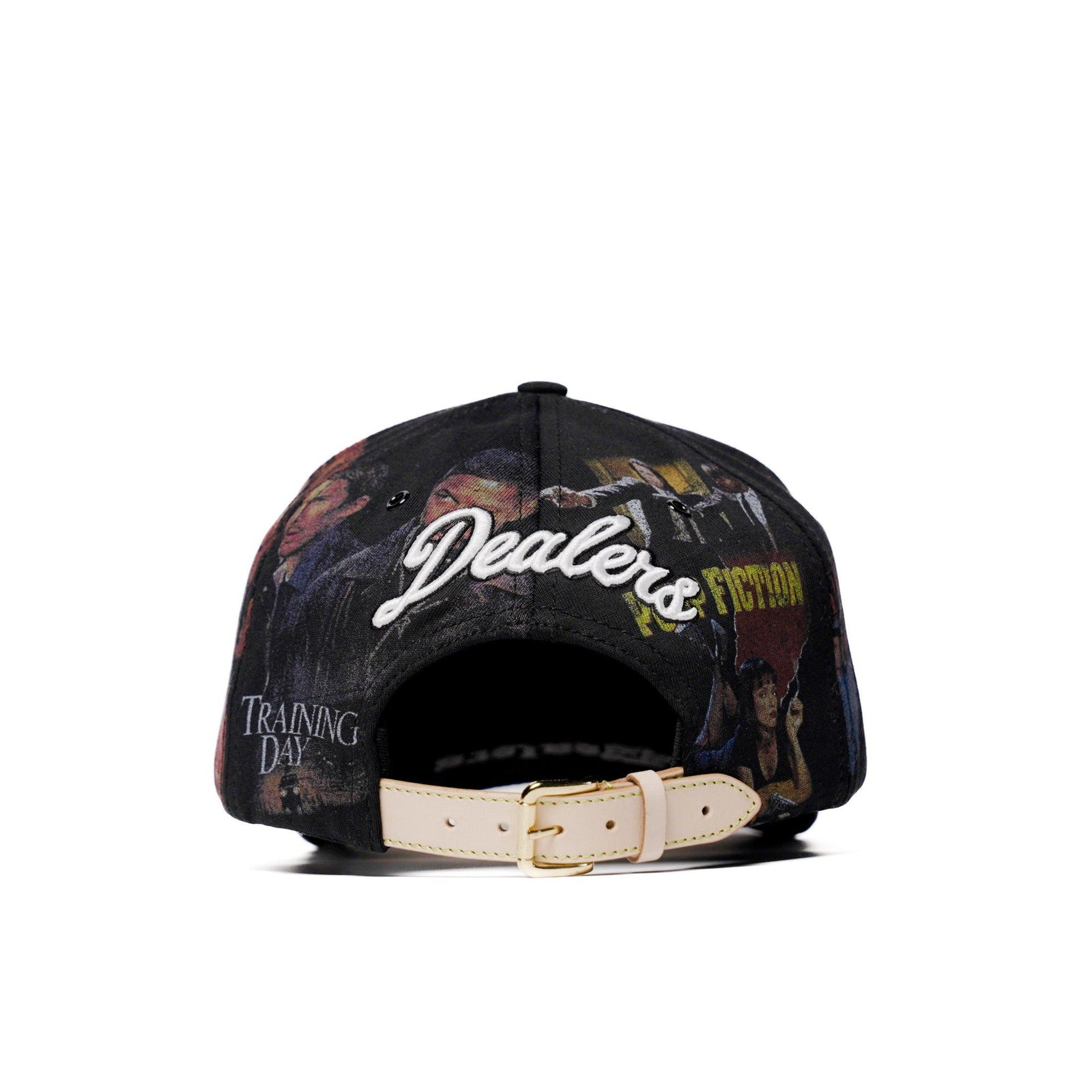 The Classics LA movie-collage snapback, flat brim — back view with leather strap