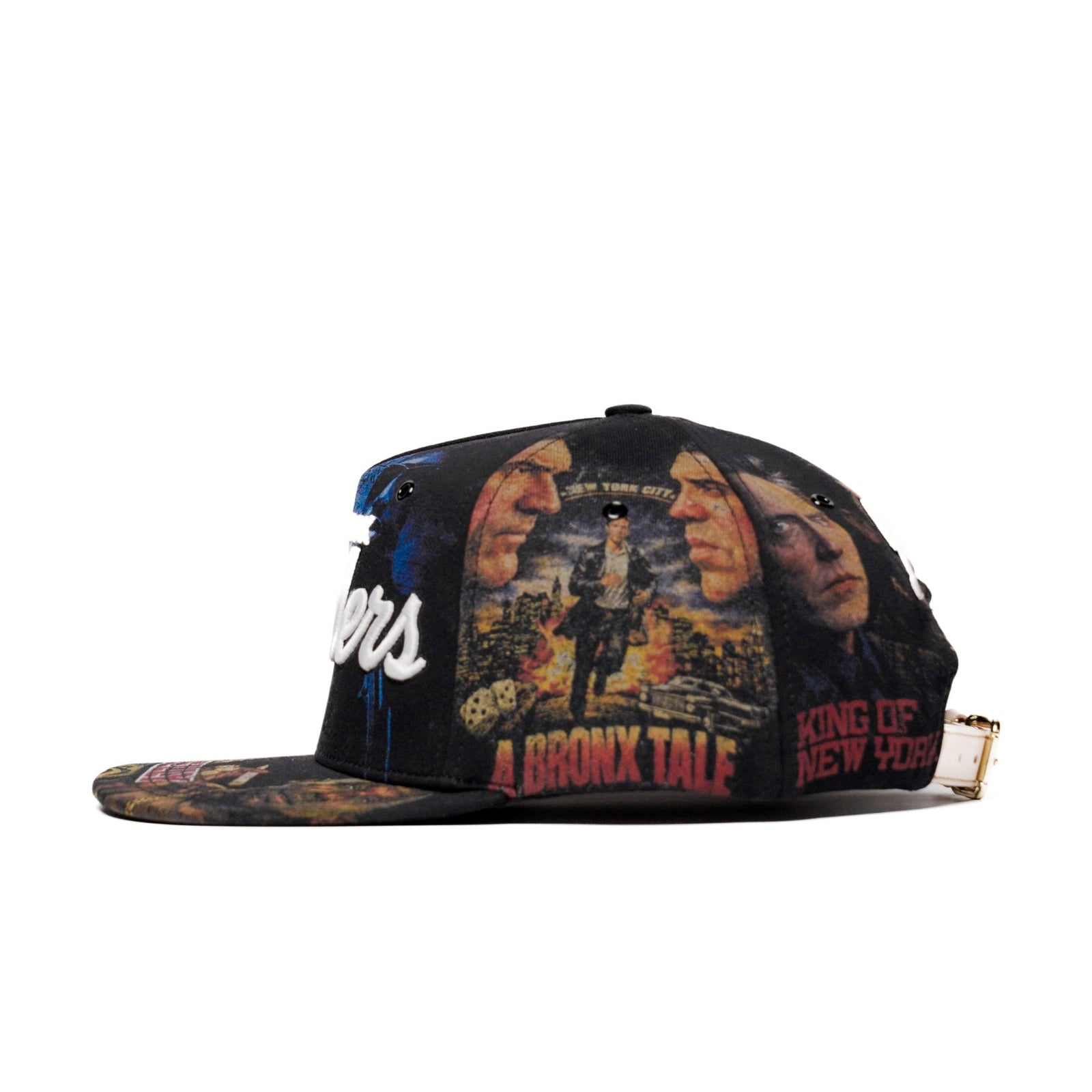 The Classics NY movie-collage snapback, flat brim — right side panel