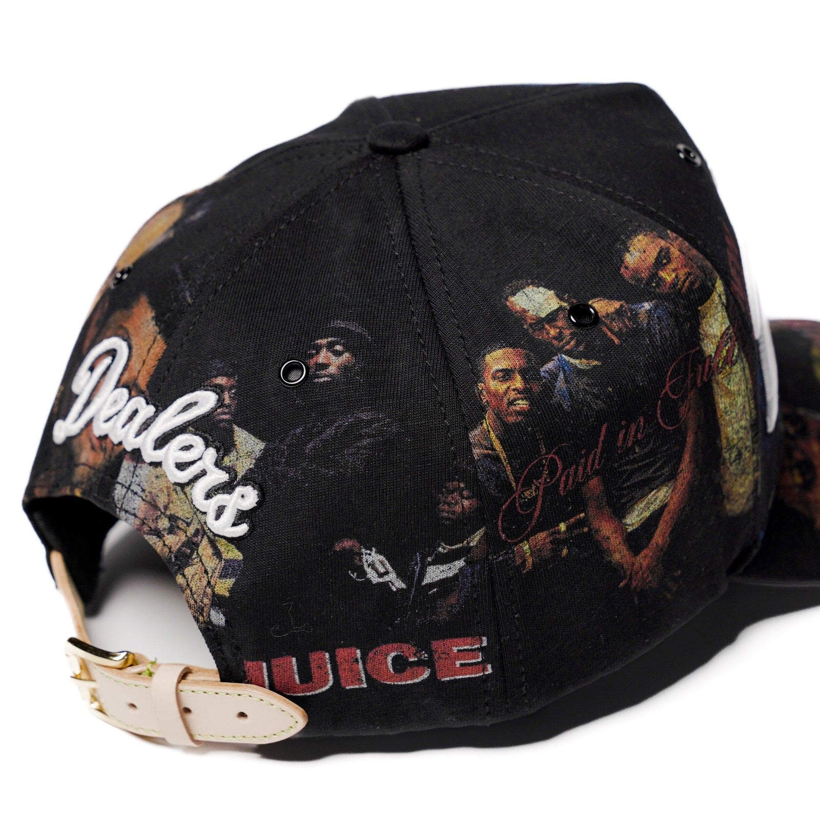 The Classics NY movie-collage snapback — back view with leather strap
