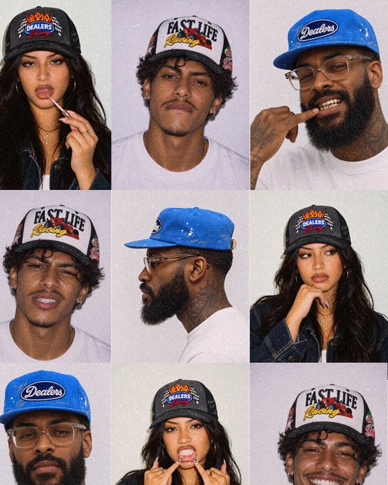 Nine portraits of people wearing Racing Series hats