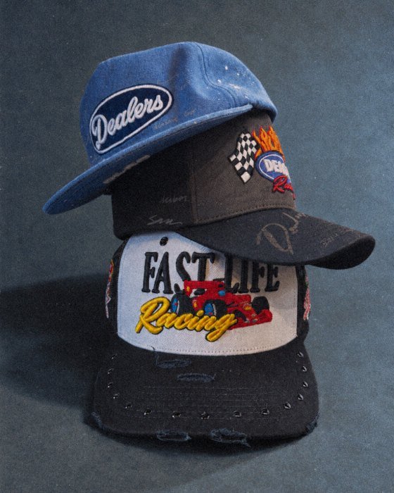 The three Racing Series hats stacked: Dealers Unstructured, Dealers Racing Reflective and Fast Life Racing