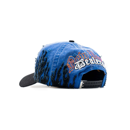 Blue and black distressed snapback hat with flame embroidery and bold back text detail