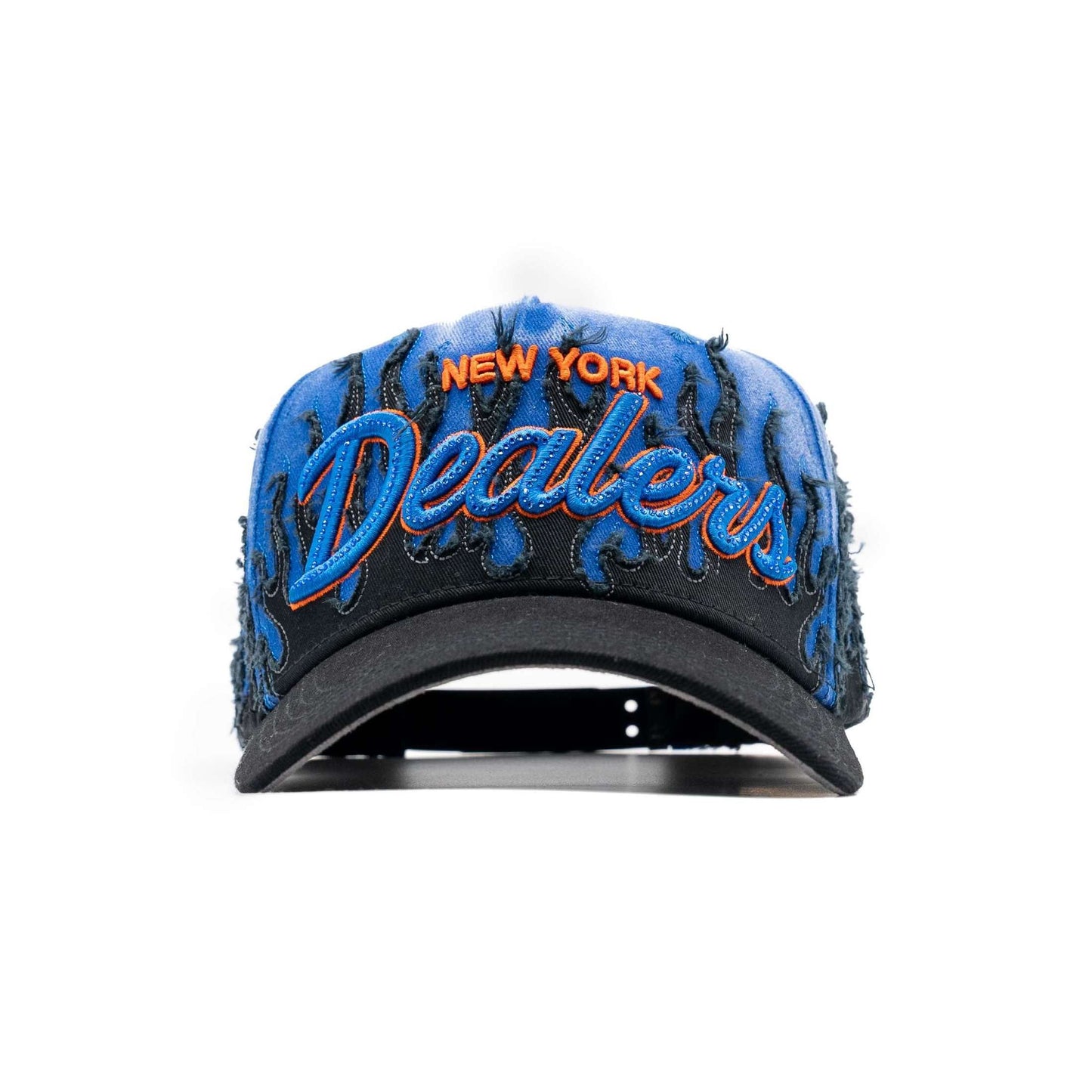 Blue and black distressed snapback hat with embroidered New York Dealers text and flame design