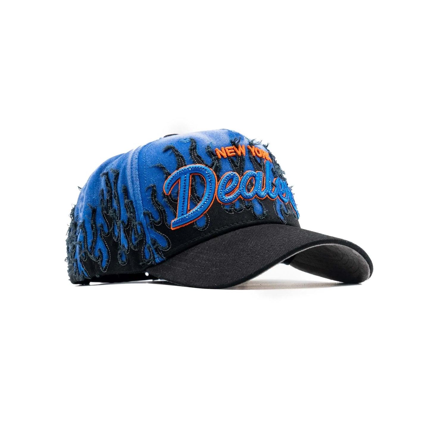 Blue and black flame embroidered baseball cap with 'New York Dealer' text on front