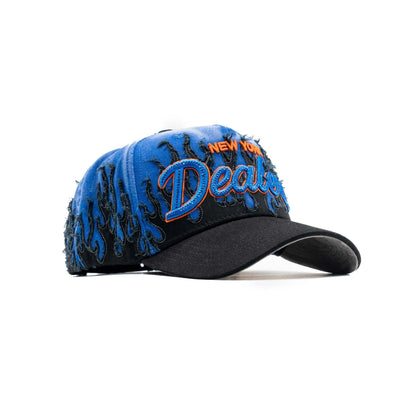 Blue and black flame embroidered baseball cap with 'New York Dealer' text on front