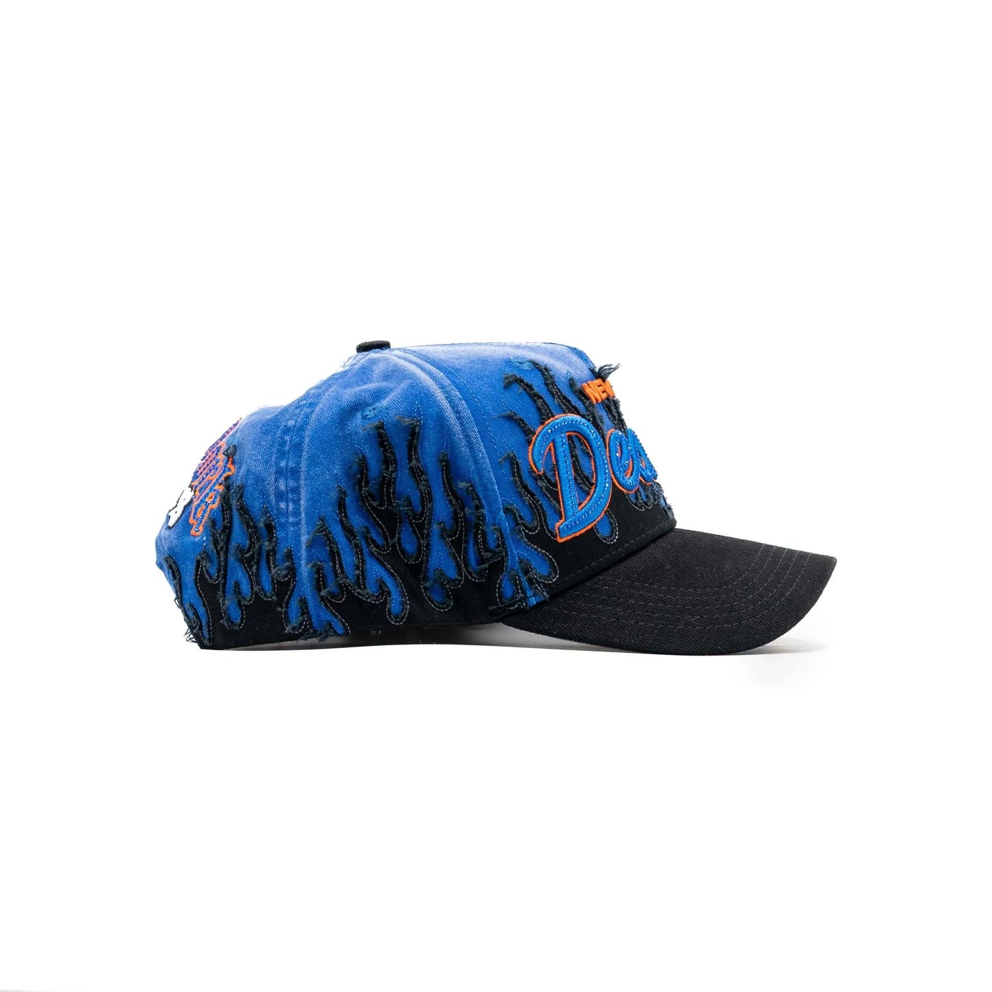 Blue and black flame embroidered cap with curved brim and bold orange detailing