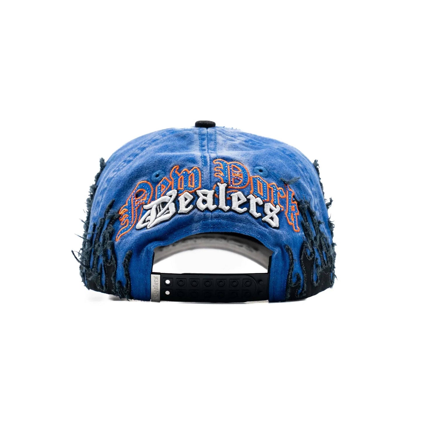 Blue distressed snapback hat with 'New York Dealers' embroidery and black flame details