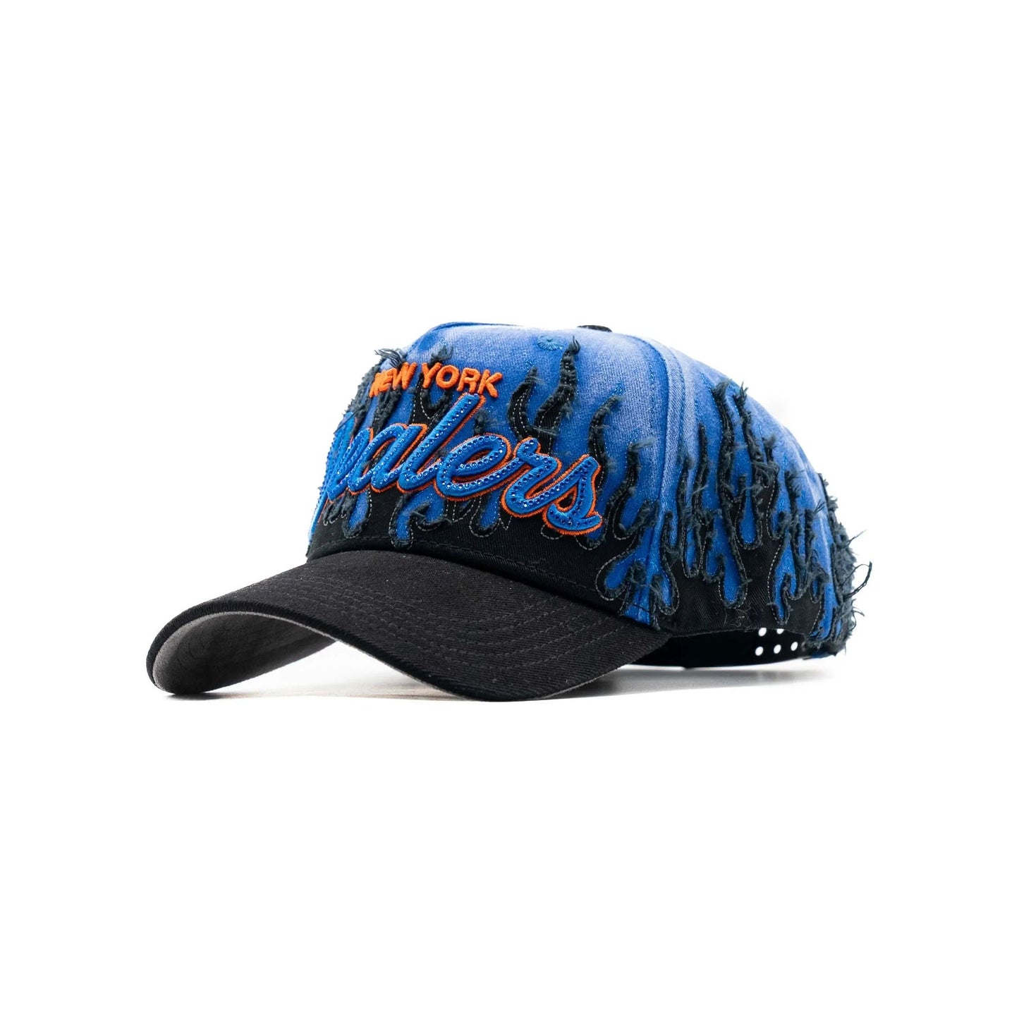 Blue and black distressed baseball cap with flames and New York Dealers embroidery