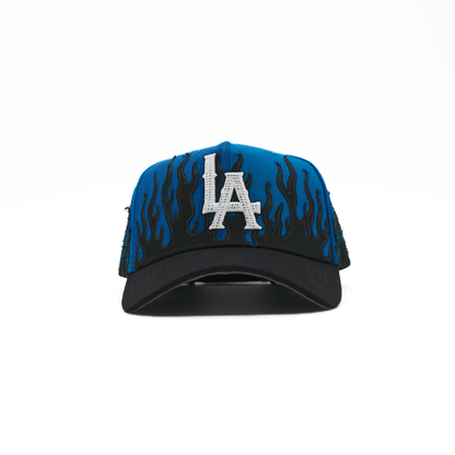 LA Royal Blue Flames embroidered 5-panel snapback hat — The Hat Dealers, view 2
