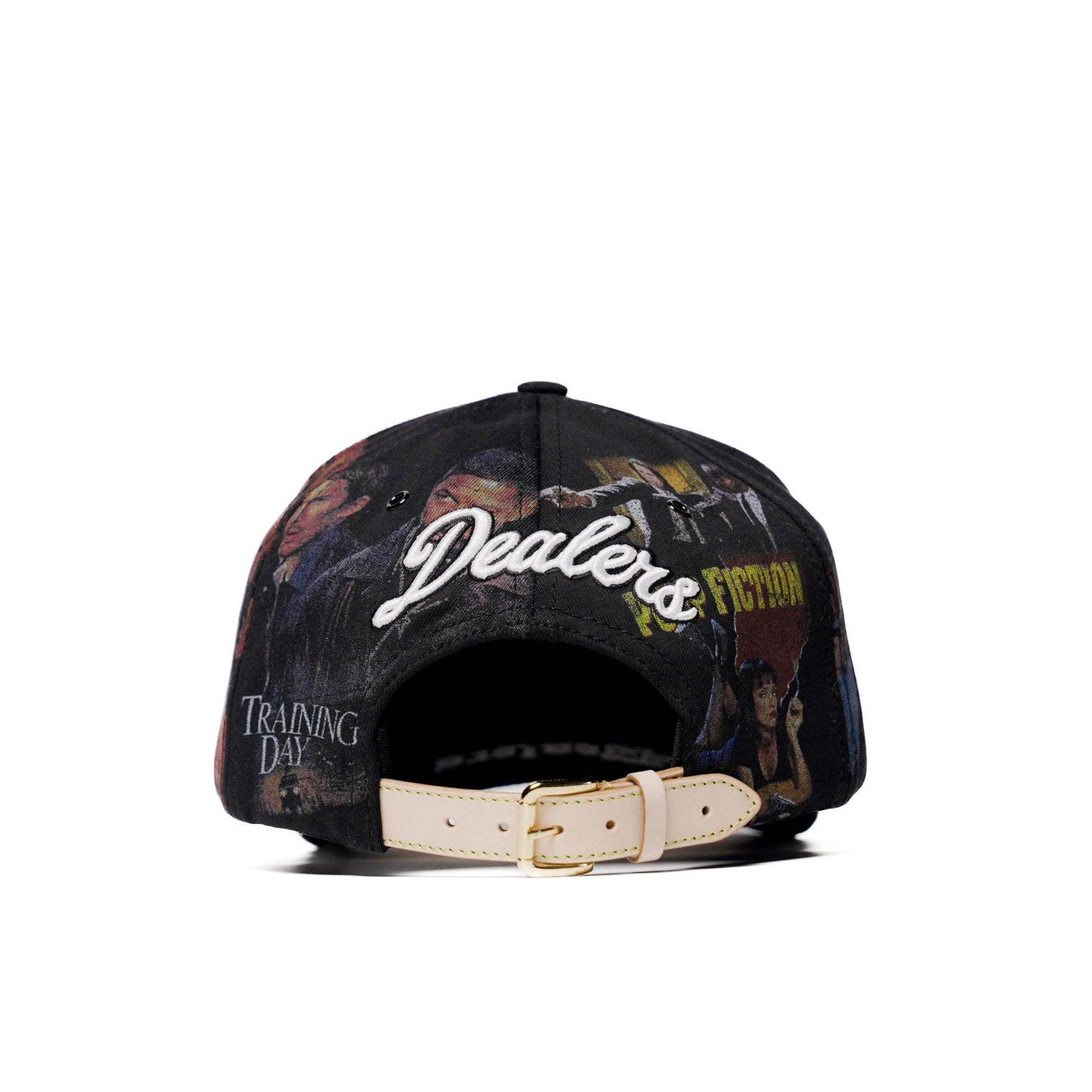 The Classics LA movie-collage snapback, flat brim — back view with leather strap
