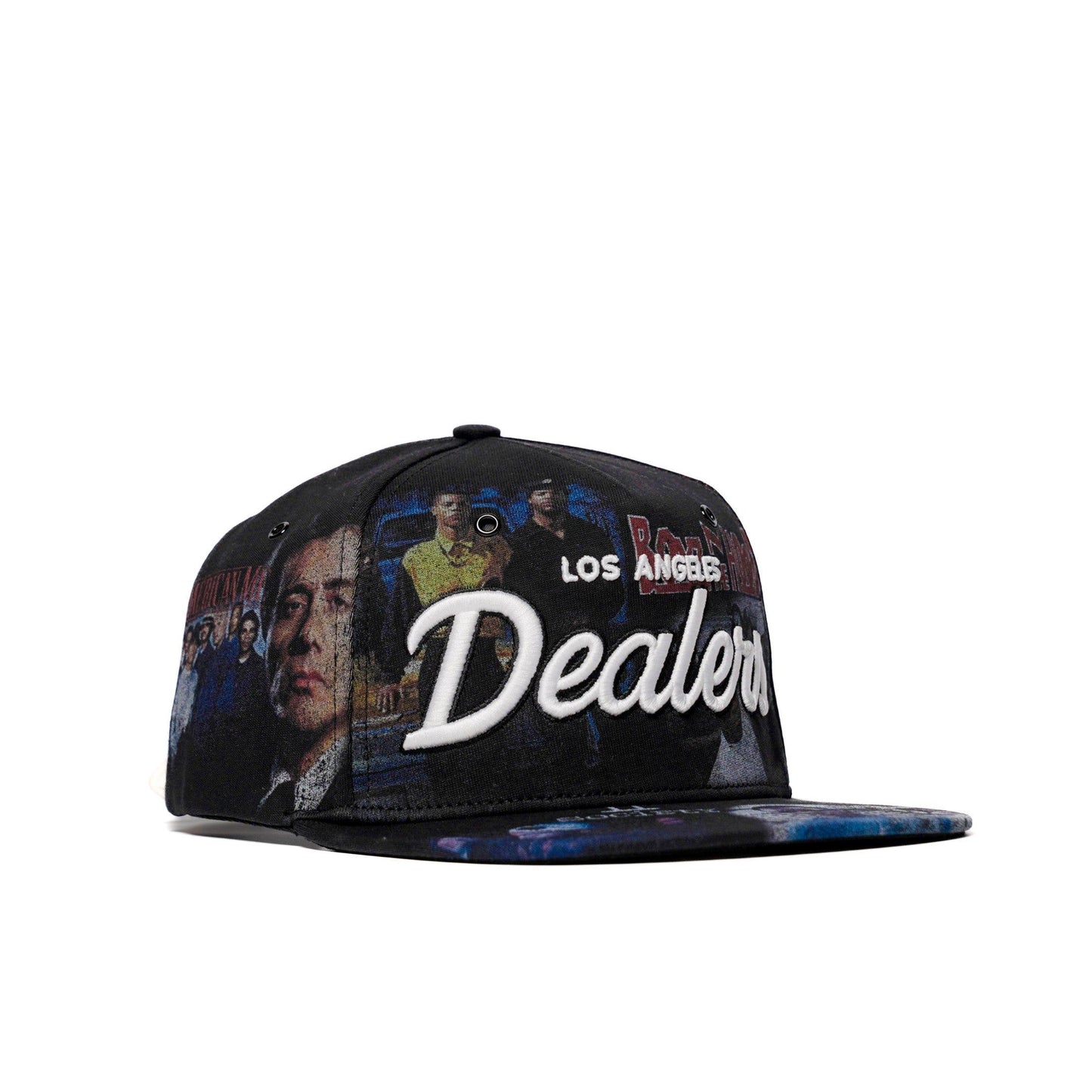 The Classics LA movie-collage snapback, flat brim — front angle