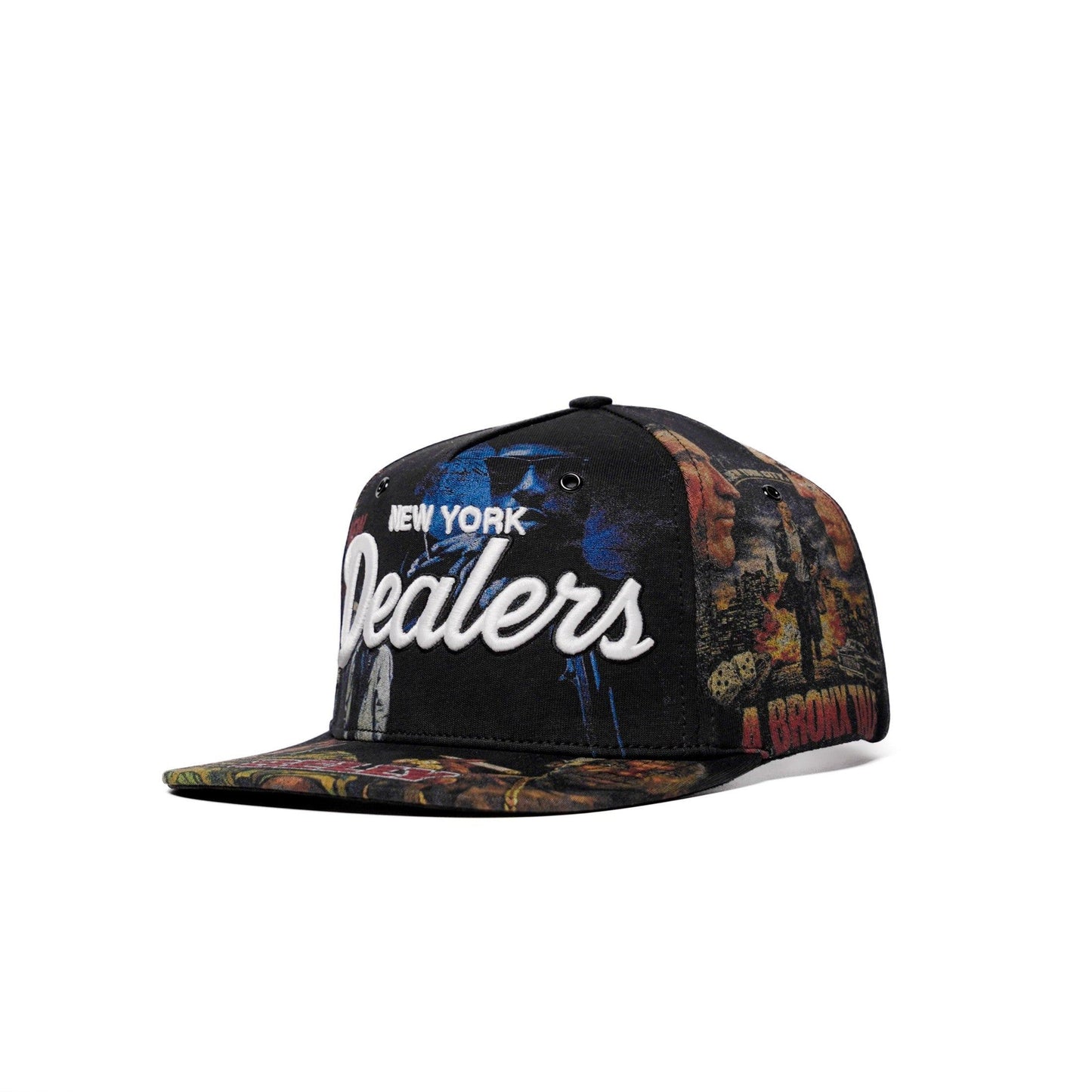 The Classics NY movie-collage snapback, flat brim — front three-quarter angle