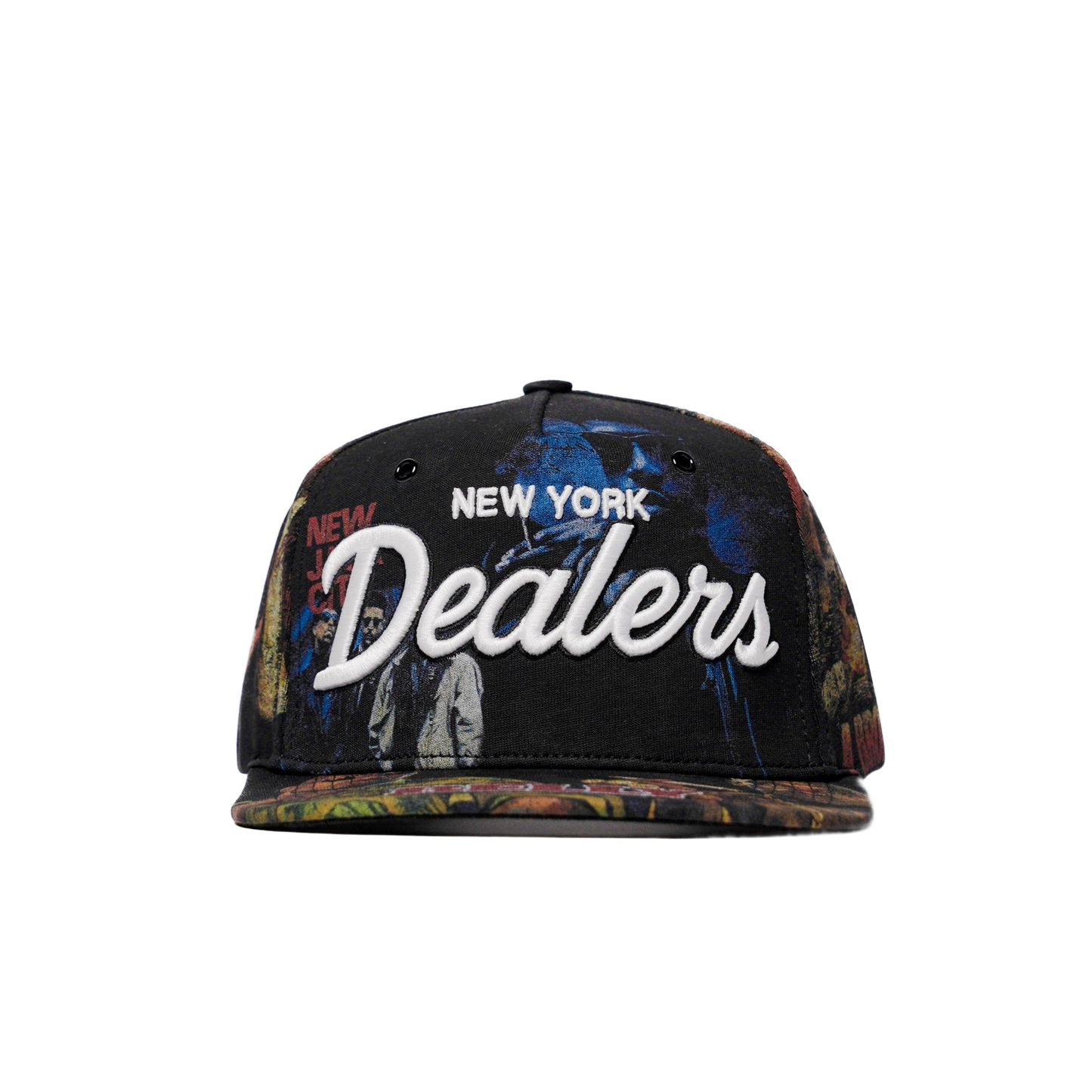 The Classics NY movie-collage snapback — front view, transparent background