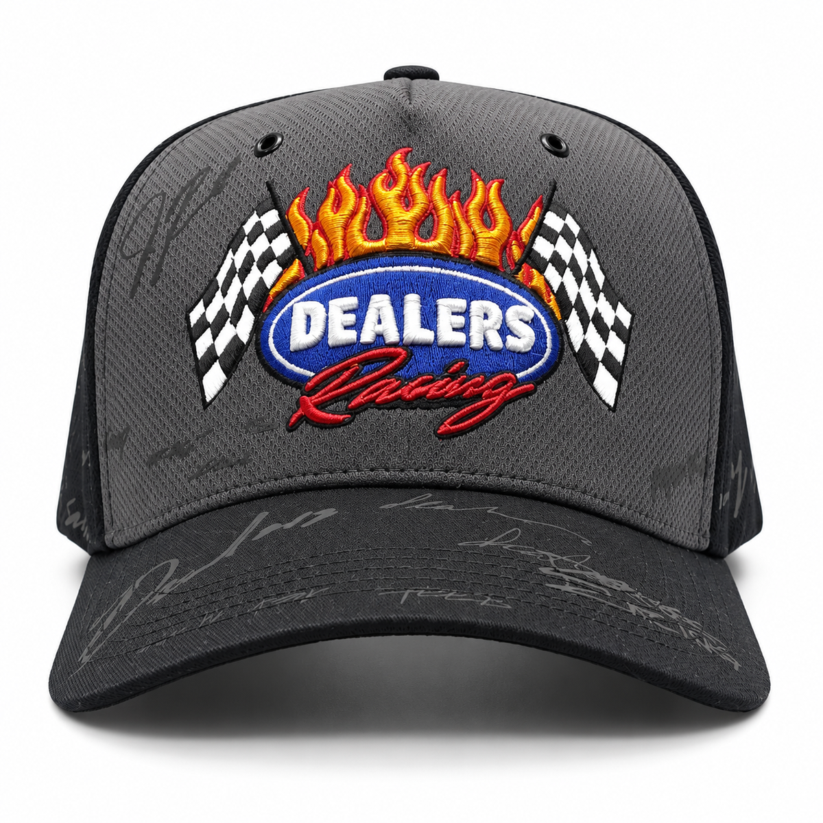 Dealers Racing Reflective snapback, front view — flaming DEALERS Racing badge with crossed checkered flags