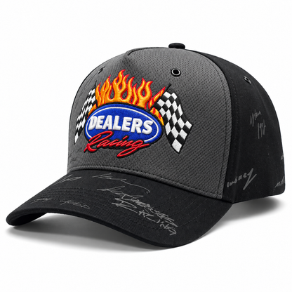 Dealers Racing Reflective snapback, three-quarter view — charcoal front panel, black sides and pre-curved brim
