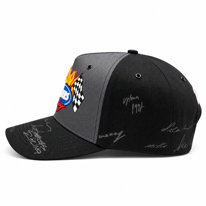 Dealers Racing Reflective snapback, side view with signature marks across the panel and brim