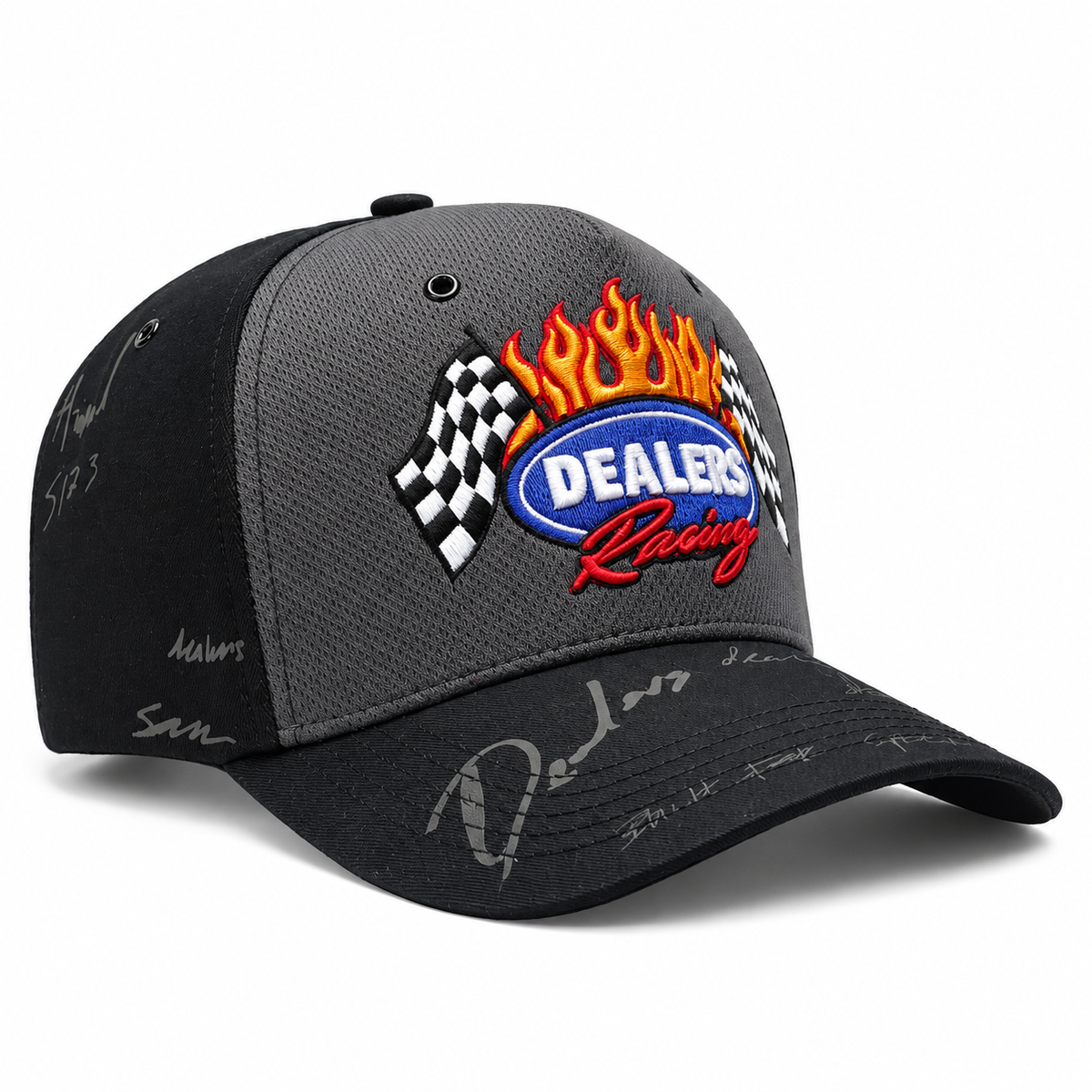 Dealers Racing Reflective snapback, three-quarter view from the other side