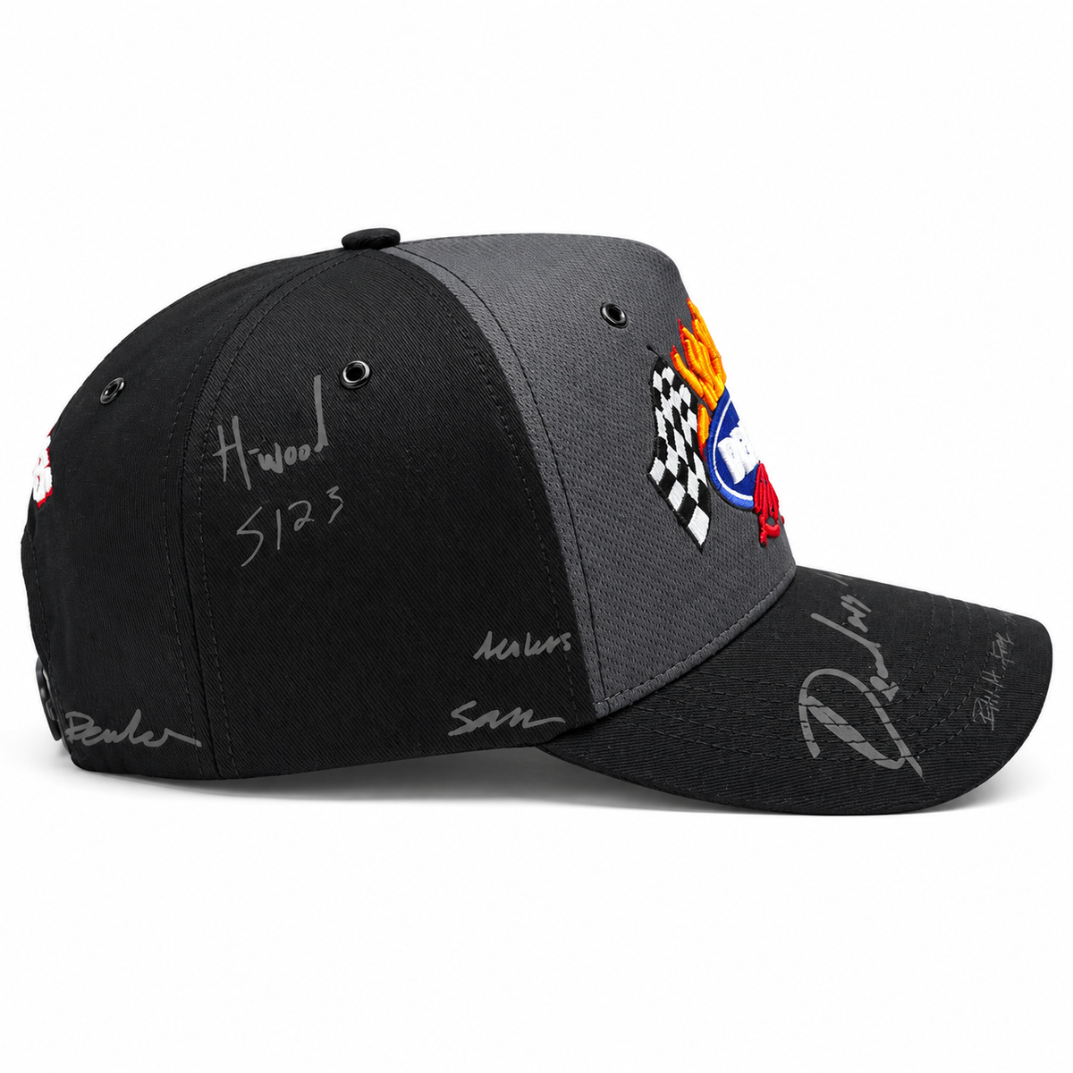 Dealers Racing Reflective snapback, side profile with signature marks