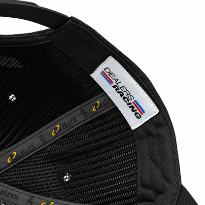 Inside the Dealers Racing Reflective snapback — black mesh lining, Dealers 2026 taping and DEALERS RACING woven label