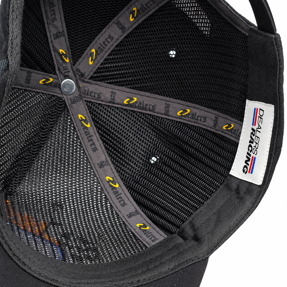 Inside the crown of the Dealers Racing Reflective snapback — printed seam taping and woven label
