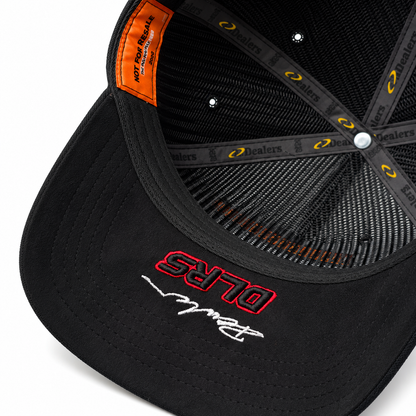 Under the brim of the Dealers Racing Reflective snapback — DLRS embroidery and signature