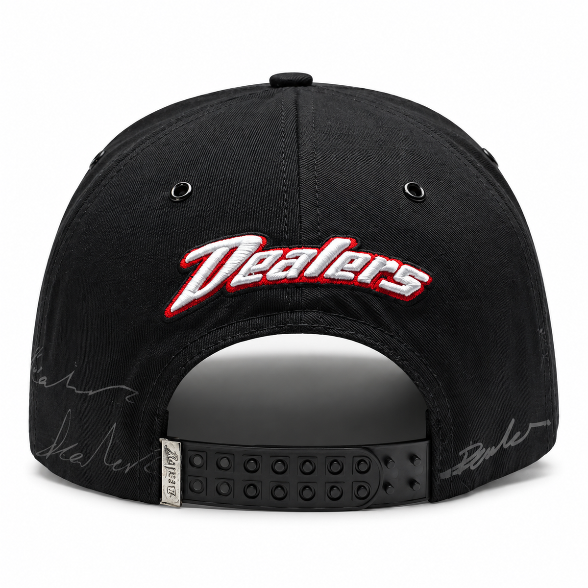 Back of the Dealers Racing Reflective snapback — raised Dealers script over the adjustable snapback