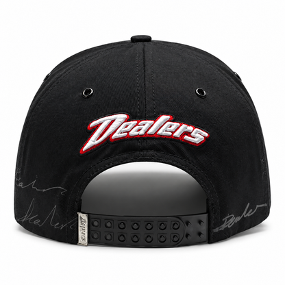 Back of the Dealers Racing Reflective snapback — raised Dealers script over the adjustable snapback