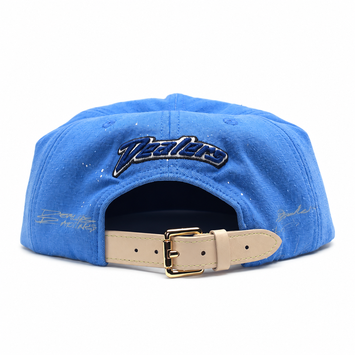 Back of the Dealers Unstructured Racing cap — navy Dealers script over a tan leather strap with gold buckle