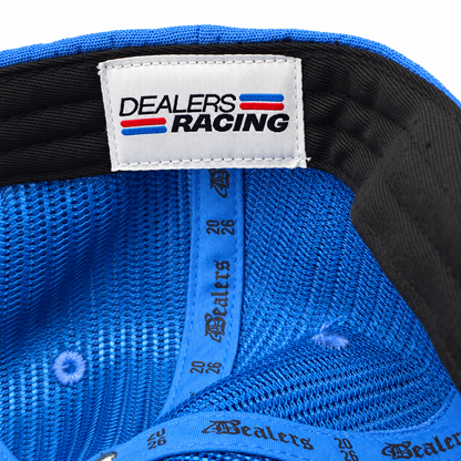 Inside the Dealers Unstructured Racing cap — DEALERS RACING woven label, light blue mesh lining and Dealers 2026 taping