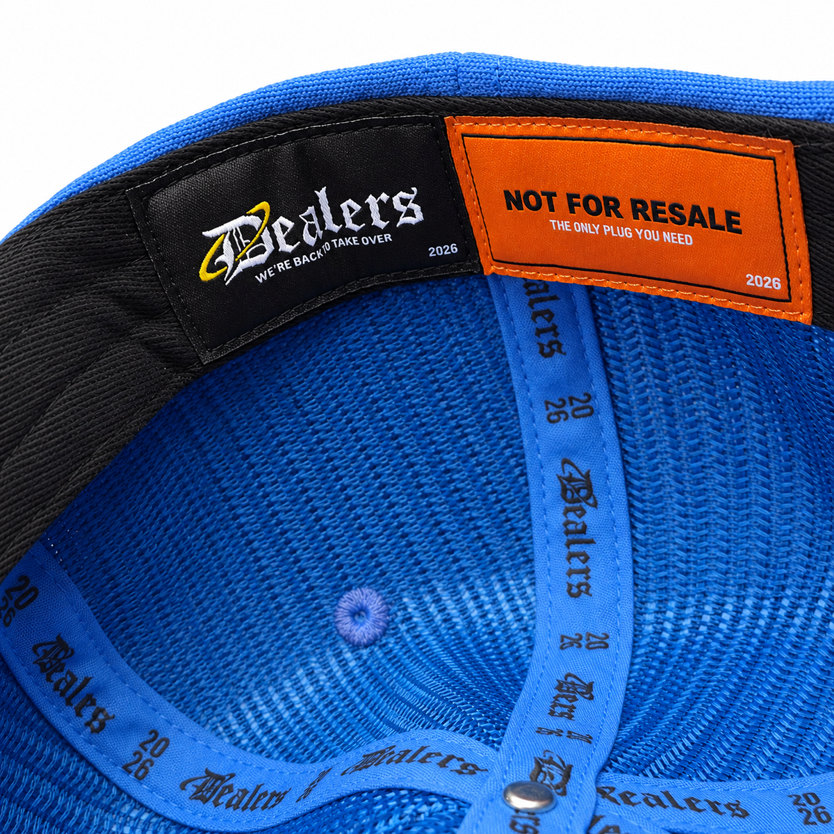 Inside the Dealers Unstructured Racing cap — Dealers label and orange NOT FOR RESALE label
