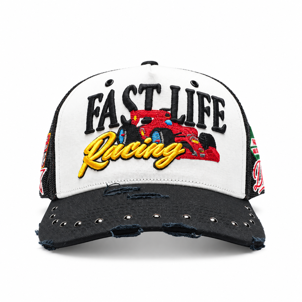 Fast Life Racing Trucker, front view — 3D puff FAST LIFE, red race car and yellow Racing script
