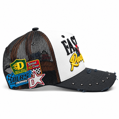 Fast Life Racing Trucker, left side — DEALERS shield, Speed 92 Crew, DLRS Raceway and star patches on black mesh