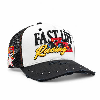 Fast Life Racing Trucker, three-quarter view of the left side and studded brim
