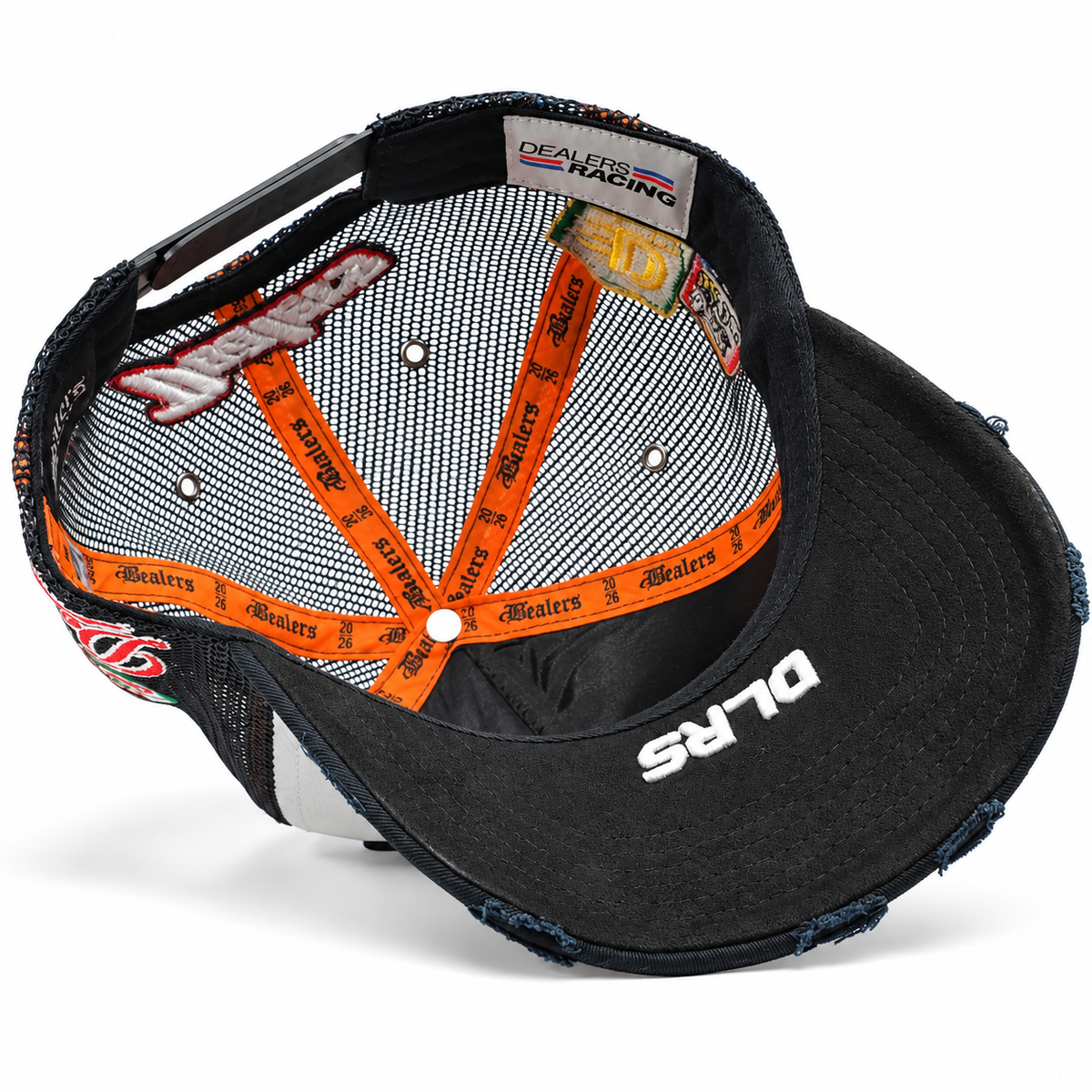 Fast Life Racing Trucker from below — DLRS under the brim and orange taping inside
