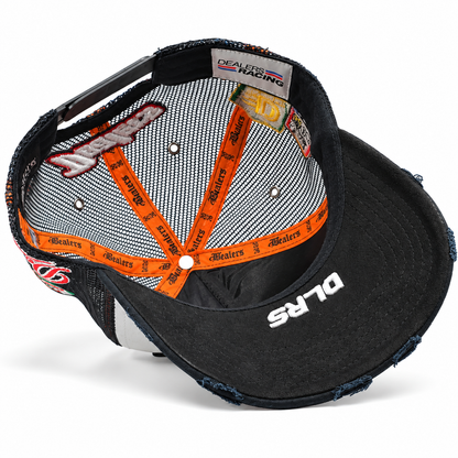 Fast Life Racing Trucker from below — DLRS under the brim and orange taping inside