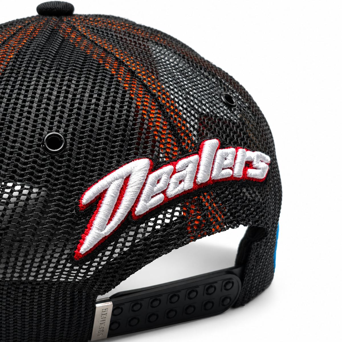 Back of the Fast Life Racing Trucker — 3D Dealers script on black mesh over the snapback