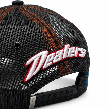 Back of the Fast Life Racing Trucker — 3D Dealers script on black mesh over the snapback