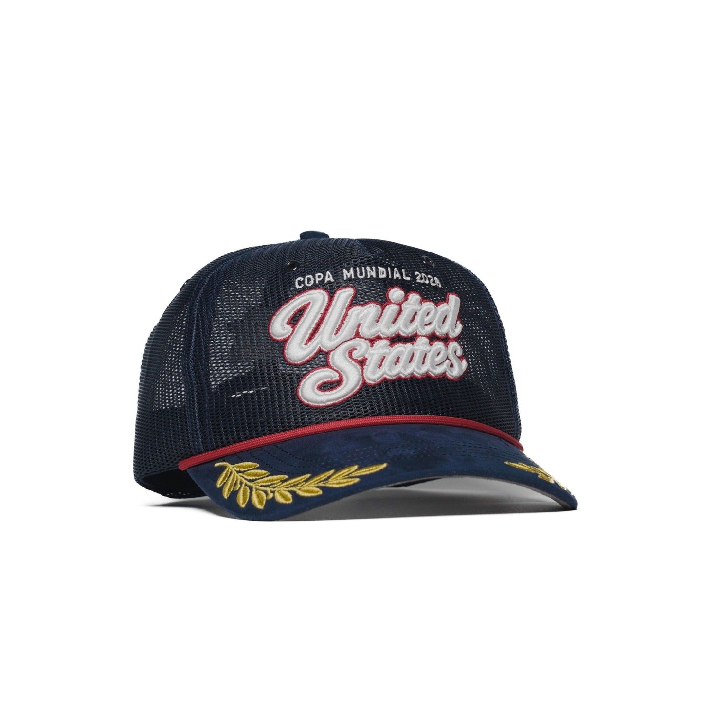 Angle view of USA trucker hat — The Hat Dealers — navy mesh trucker cap with gold laurel brim embroidery