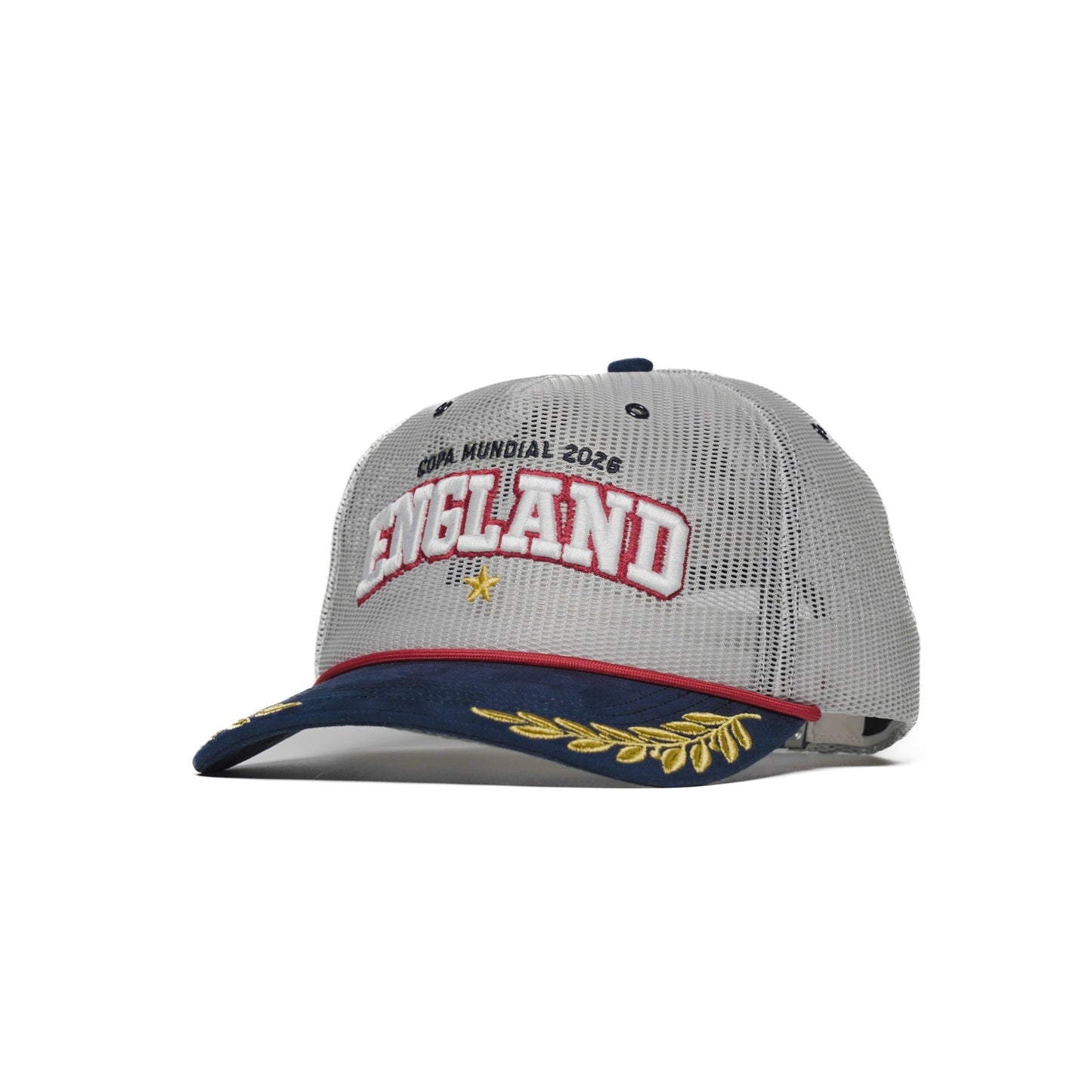 Front-right angle of England trucker hat with raised ENGLAND wordmark and gold laurel brim — The Hat Dealers