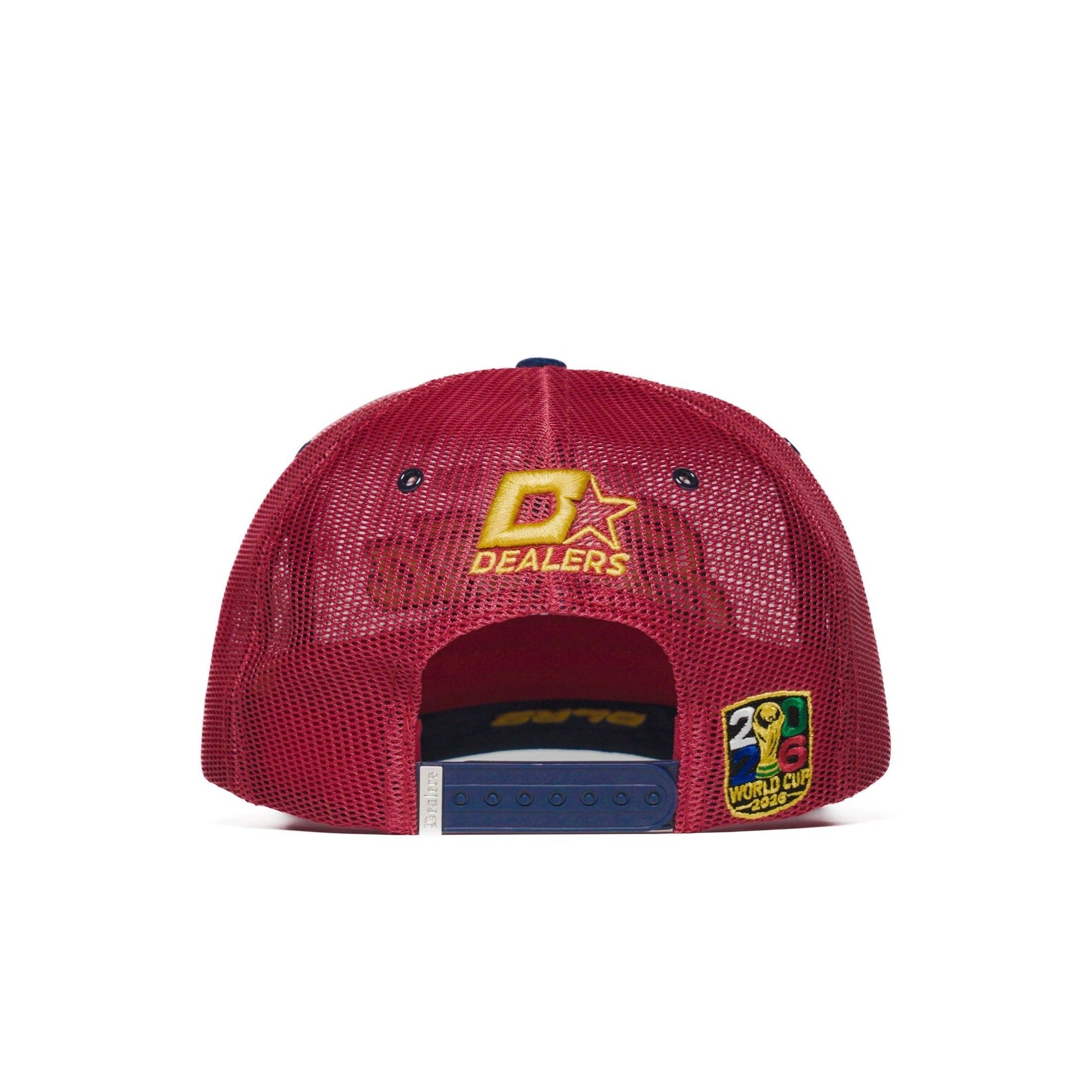Back view of Spain trucker hat — The Hat Dealers — red mesh with gold star logo and patch, snap closure