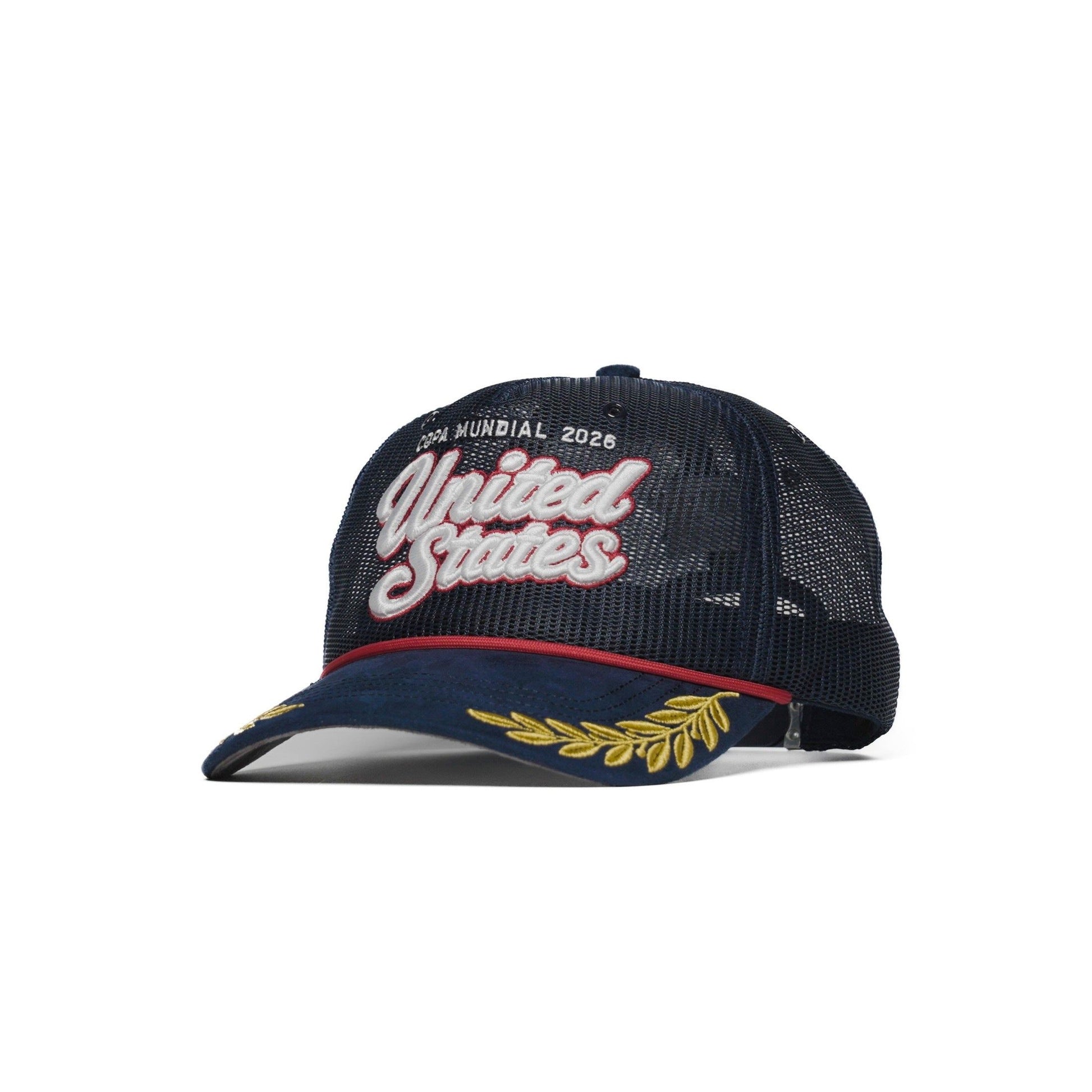 Side view of USA trucker hat — The Hat Dealers — navy mesh trucker with gold laurel brim and red rope cord