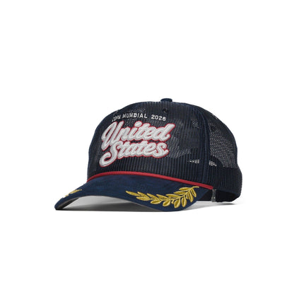 Side view of USA trucker hat — The Hat Dealers — navy mesh trucker with gold laurel brim and red rope cord