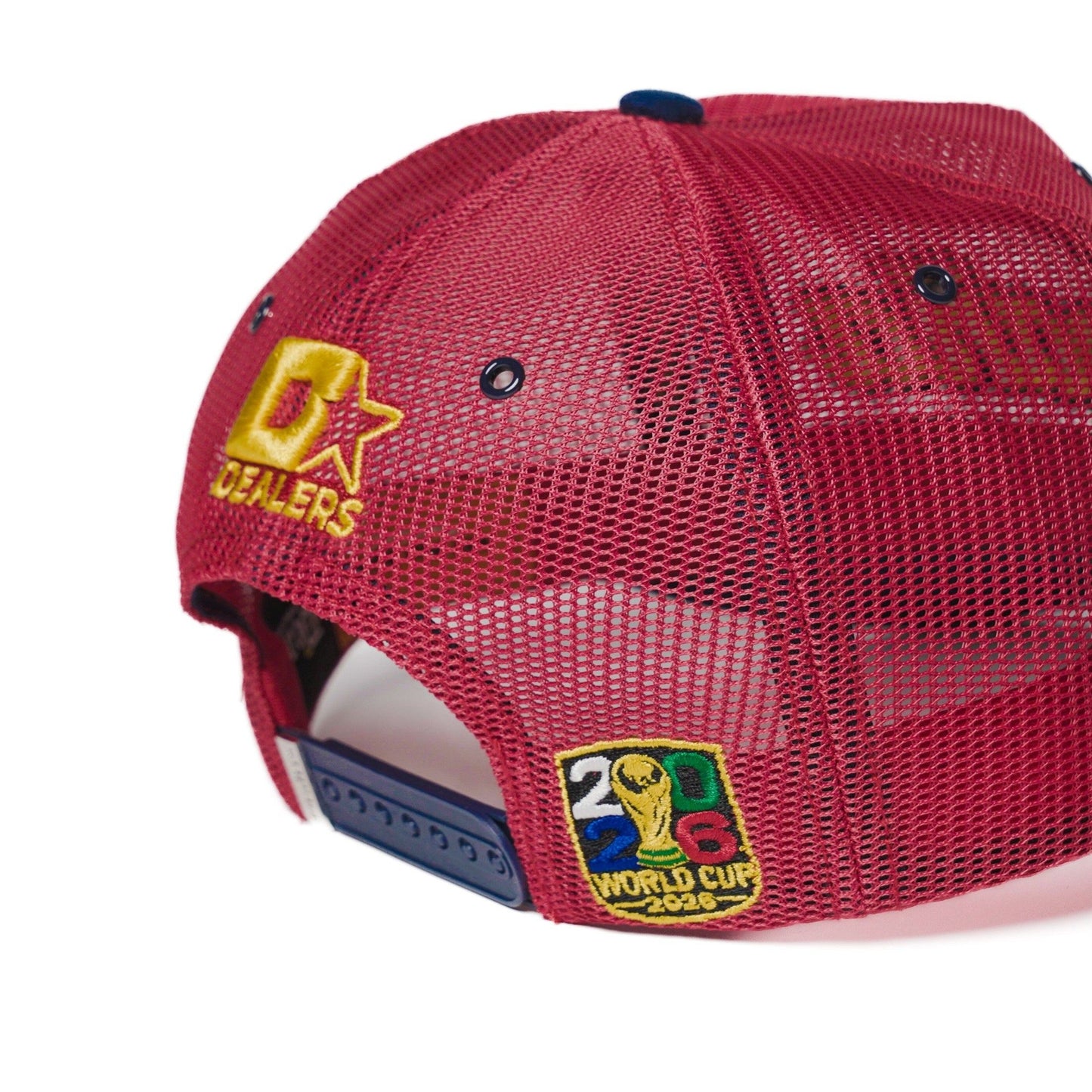 Back detail of Spain trucker hat — The Hat Dealers — gold star logo and patch on red mesh