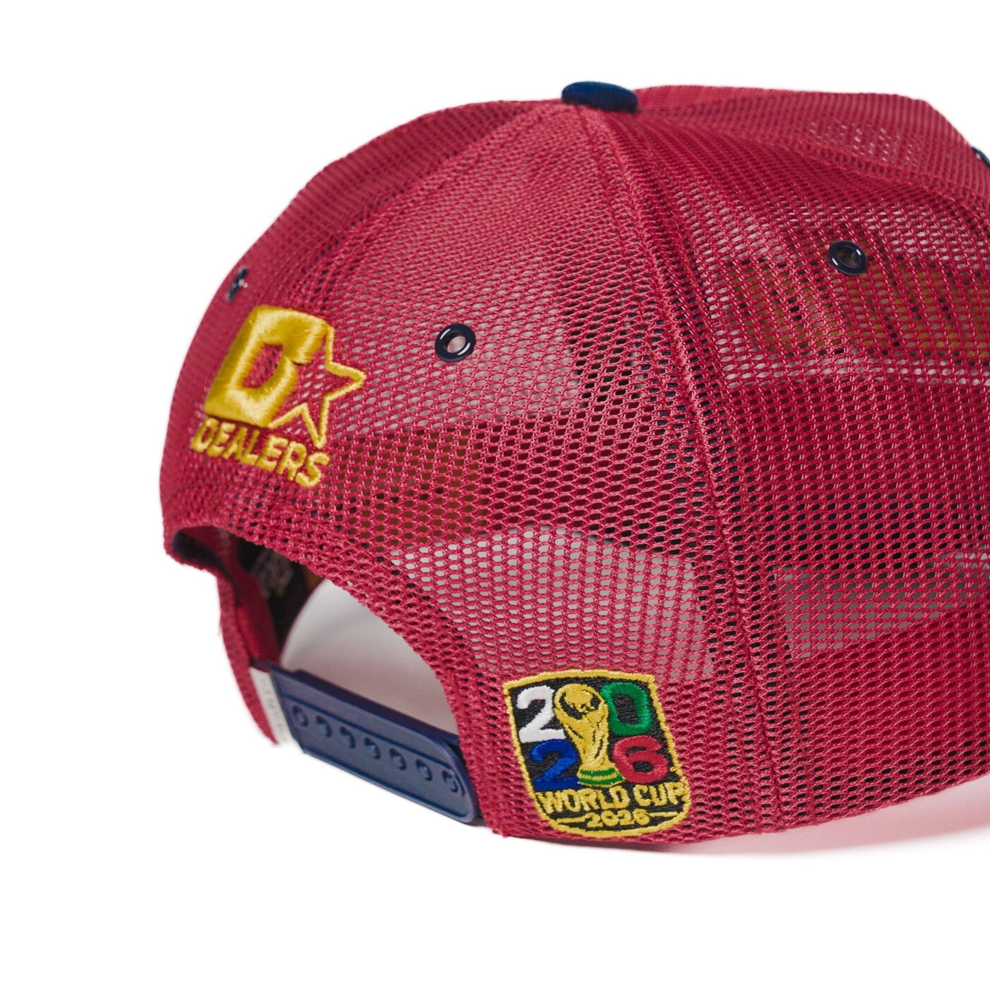 Back detail of Spain trucker hat — The Hat Dealers — gold star logo and patch on red mesh