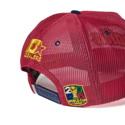 Back detail of Spain trucker hat — The Hat Dealers — gold star logo and patch on red mesh