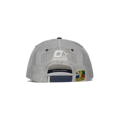 Back detail of England trucker hat showing Dealers logo, snap closure and woven patch — The Hat Dealers