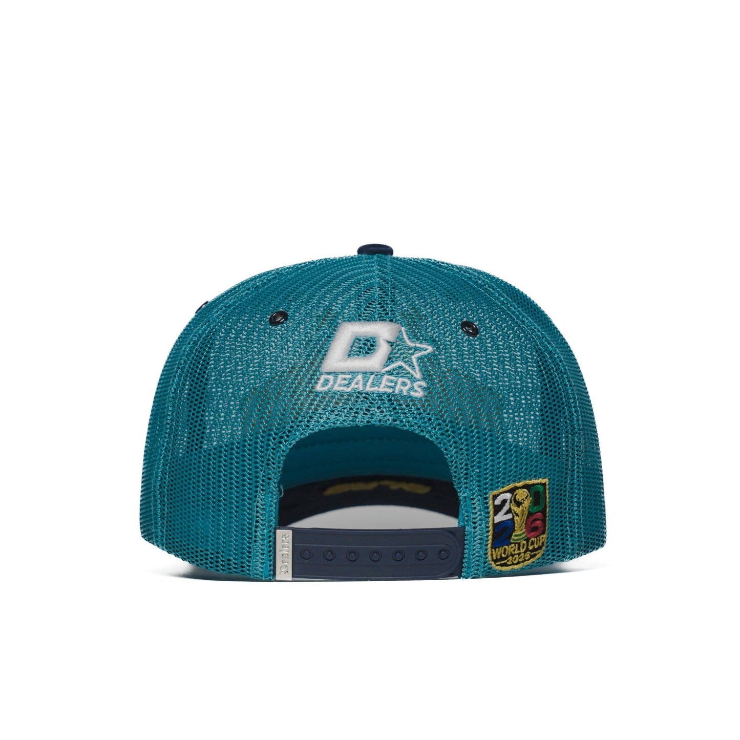 Back view of Argentina trucker hat — teal mesh with white Dealers logo and gold patch — The Hat Dealers