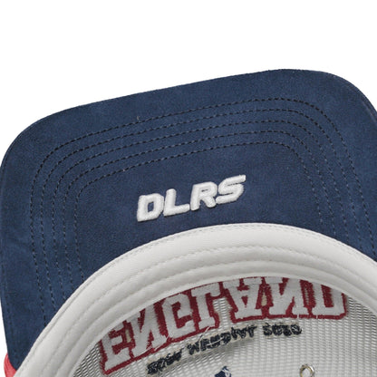 Underbrim detail of England trucker hat with navy suede and white DLRS embroidery — The Hat Dealers