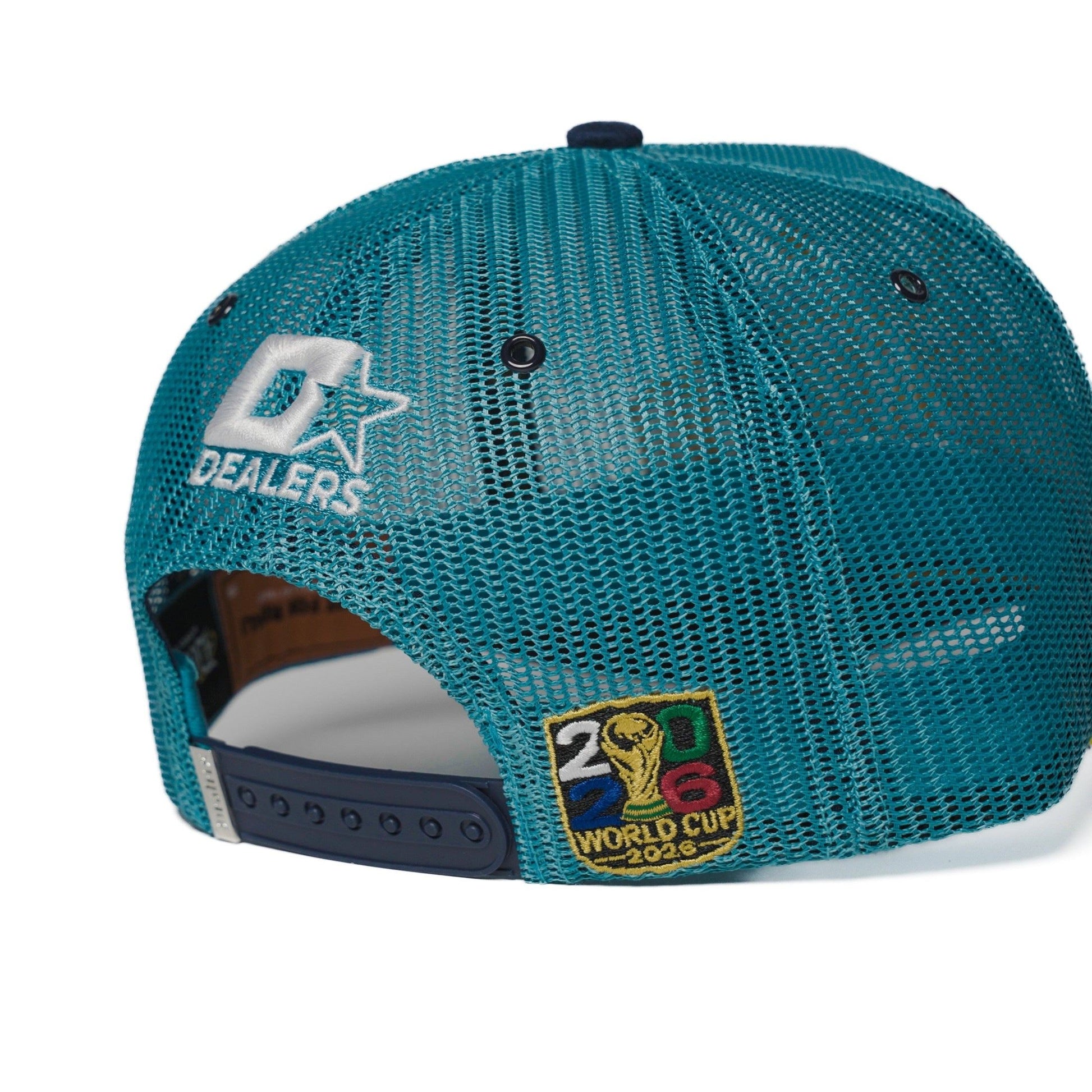 Close-up of the snap closure and gold patch on the Argentina trucker hat — The Hat Dealers